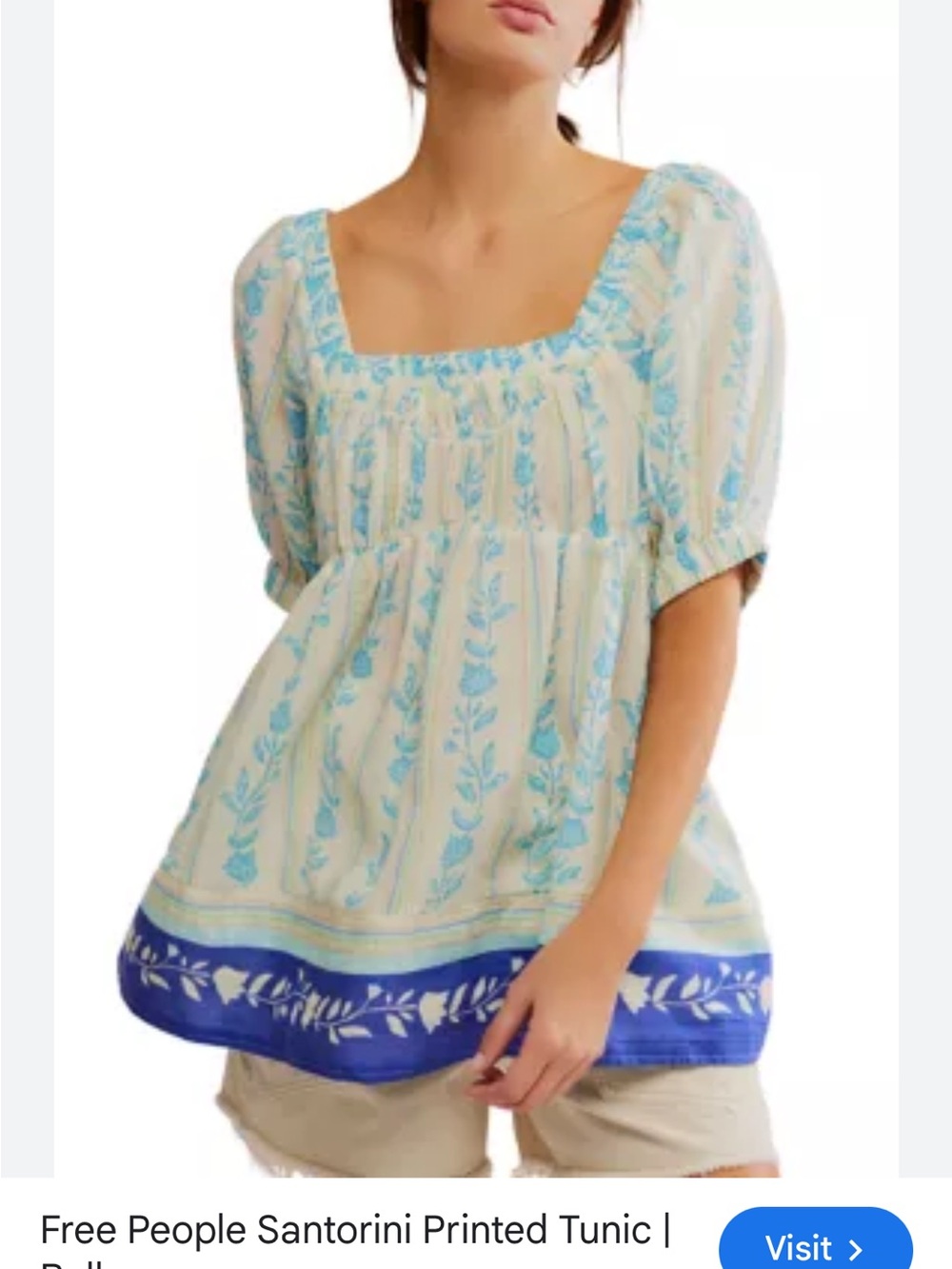 Free people Blue Floral Peasant Top with Puff Sleeves Santorini